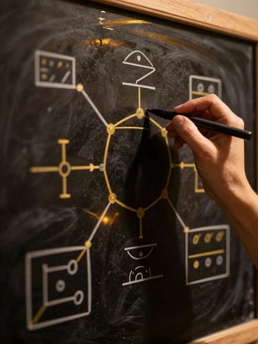 Macro close-up of hands drawing complex attribution modeling diagrams on a glass whiteboard, golden reflections, dark background, premium editorial style