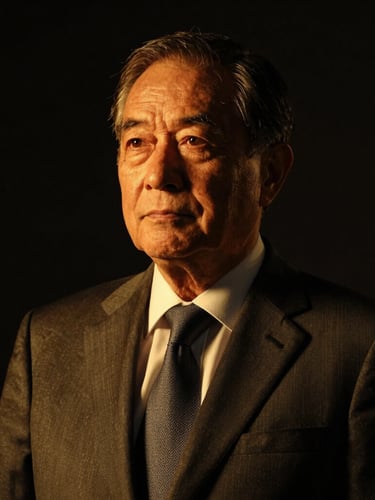Chiaroscuro portrait of a senior male executive in a dark tailored suit, looking thoughtfully off-camera, warm golden highlights, premium editorial photography