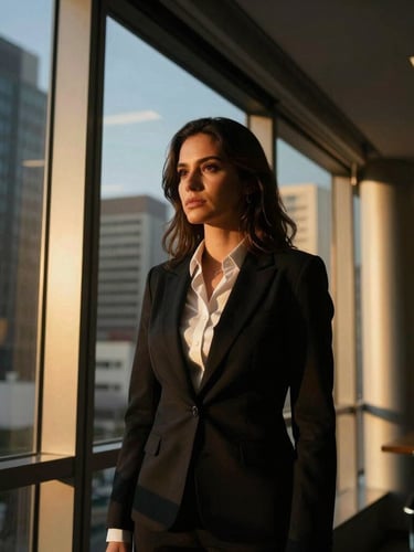 Dramatic low-key portrait of a female marketing director in a modern architectural office in São Paulo, golden hour window light, sharp focus, 35mm