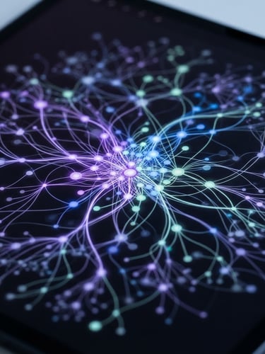 Macro shot of a clean dark mode tablet screen showing a personalized cognitive path graph, illuminated by soft violet and mint neon accents, shallow depth of field.