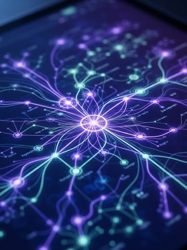 Close-up portrait-aspect shot of a clean, high-focus digital study interface, glowing electric violet and mint cognitive mapping nodes on a deep midnight blue screen, soft ambient light, shallow depth of field.