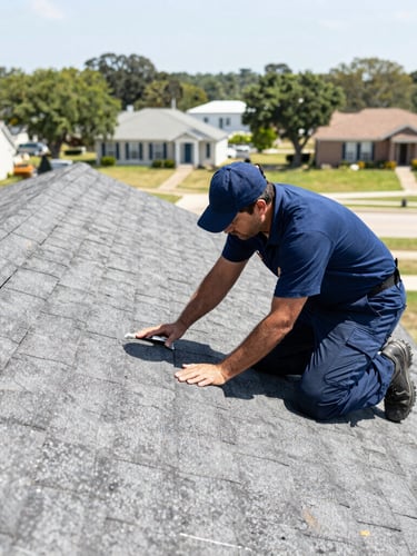 Professional, uniformed technician safely inspecting a residential roof in Bryan-College Station, bright Texas daylight, deep blue and slate gray tones, crisp details, 50mm lens, local neighborhood backdrop.