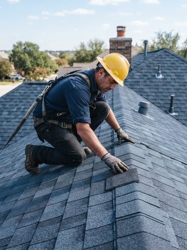 Professional roofer inspecting shingles on a residential roof under bright Texas daylight, focusing on craftsmanship and safety, deep blue and slate gray tones.