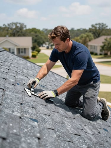 Professional roofer inspecting a shingle roof in bright Texas daylight, Bryan-College Station neighborhood backdrop, mid-to-close-up action shot.