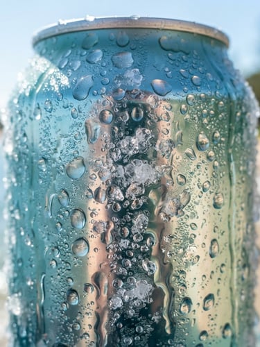Tight macro shot of a cold beer can covered in heavy condensation and ice droplets, bright coastal sunlight reflecting off the wet aluminum, shallow depth of field.