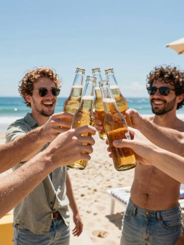 Medium environmental shot of friends laughing and raising cold beer bottles in a beachside backyard, sunny day, relaxed coastal vibe.
