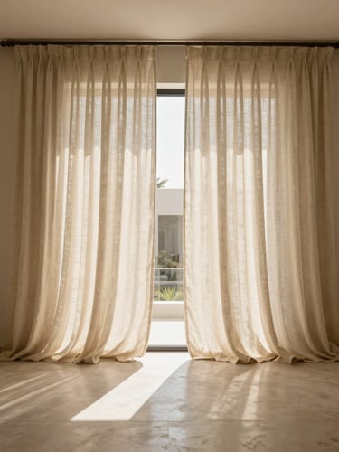 Straight-on architectural shot of premium linen curtains cascading from a high ceiling, warm afternoon sunlight streaming through, casting long soft shadows on a minimalist microcement floor, Riyadh villa interior, 35mm.