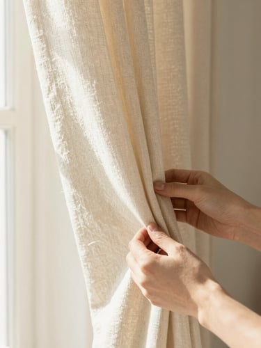 Macro shot of hands adjusting the pleats of a heavy cream linen curtain, soft sunlight streaming through, warm editorial interior style