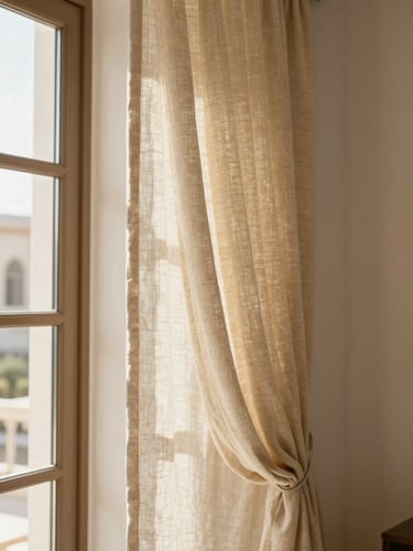 Warm editorial interior photography, close-up of premium linen drapery catching bright natural sunlight in a Riyadh villa, elegant architectural folds, 35mm