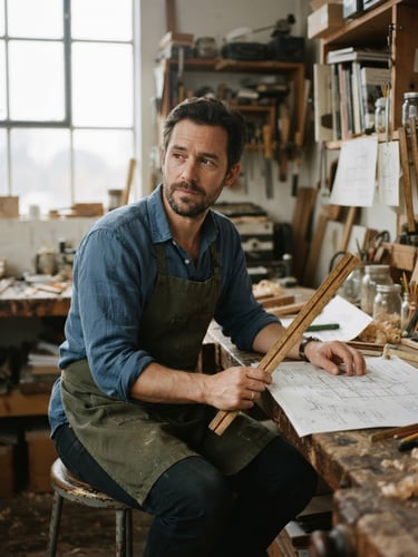 A thoughtful man in his late 30s sitting in a sunlit workshop, holding a wooden drafting ruler, soft overcast light through a window, muted earth tones, 35mm film aesthetic.
