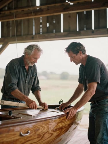 Two men of different generations working together to restore a vintage wooden sailboat in an open barn, warm natural ambient light, authentic unposed moment, 35mm film aesthetic.