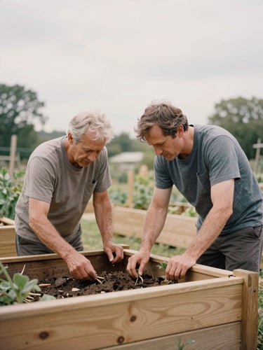 A medium shot of two men of different generations working together on a wooden community garden bed under soft overcast daylight, muted earth tones, 35mm film aesthetic.