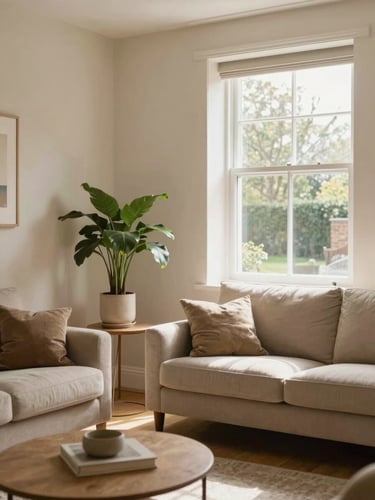 Bright, clean residential living room in Birmingham with soft natural daylight streaming through a large window, warm cream walls, a comfortable sofa, and a houseplant on a side table.