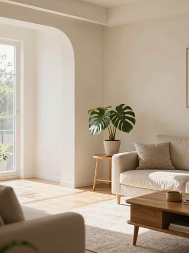 Bright, clean interior of a modern residential living room filled with natural daylight, soft cream walls, a comfortable sofa, and a green houseplant on a wooden side table, warm editorial style.