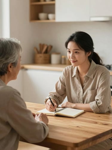 A professional support worker and a resident sitting together at a bright wooden kitchen table, reviewing a notebook, soft natural lighting, warm and respectful atmosphere