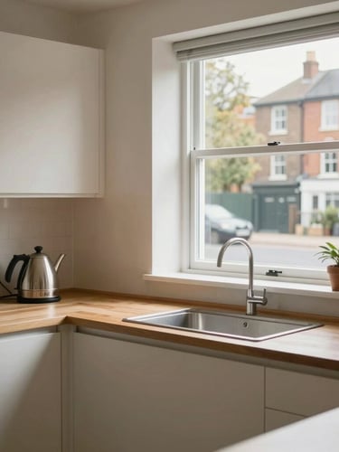 A modern, bright kitchen with natural light, clean wooden countertops, a kettle, and a window overlooking a quiet residential street in Birmingham.