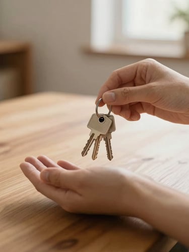 A close-up of hands holding a set of house keys over a warm wooden tabletop, soft natural daylight, shallow depth of field, warm editorial style.