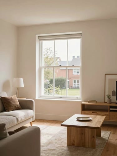 Bright, clean interior of a modern supported housing living room in Birmingham, soft daylight flooding through a wide window, warm cream walls, minimalist oak furniture
