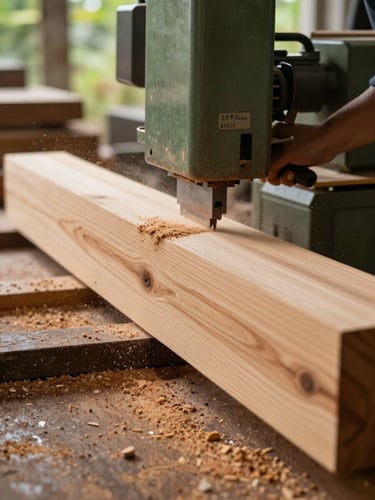 Industrial woodworking machinery making a clean, millimeter-precise cut on a large tropical wood beam, sawdust flying, natural daylight