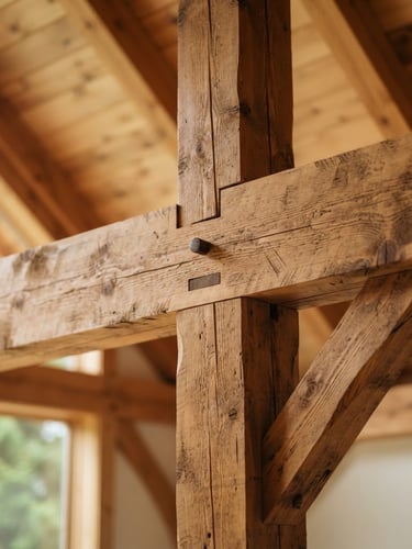 Close-up of high-quality structural wood timber beams, showing rich natural wood grain and precise cuts, soft natural daylight, shallow depth of field