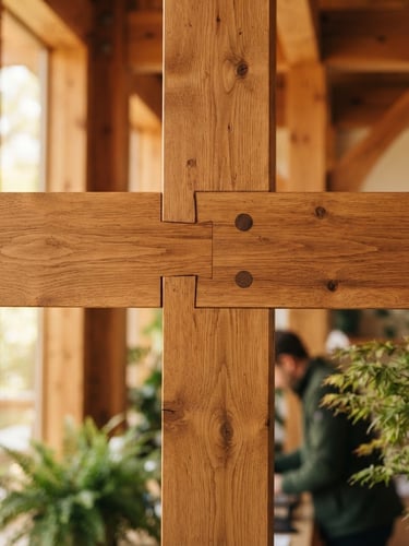 Close-up of premium laminated timber beams showing precise joints and rich wood grain, soft natural daylight, shallow depth of field