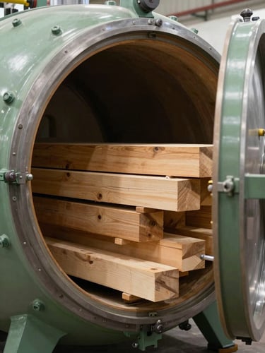 Close-up of a massive steel autoclave chamber door open, revealing stacked structural timber beams inside, industrial setting, soft lighting, professional