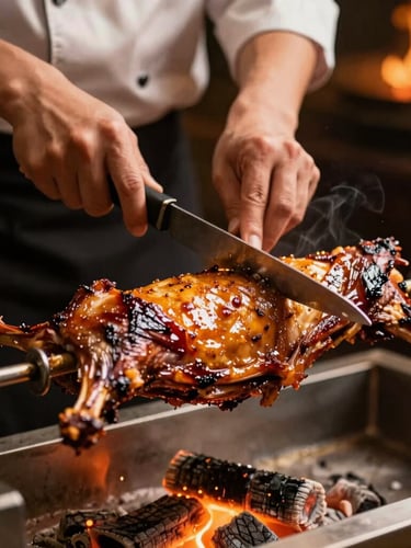 A close-up portrait of a master chef's hands slicing glistening roasted lamb from a horizontal spit onto a metal cağ skewer, warm dramatic lighting, glowing embers in the background, 35mm