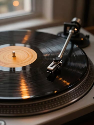 Close-up panoramic of a vinyl record spinning on a turntable, warm amber lamp glow raking across the grooves from the lower left, deep shadows filling the right side of the frame, a blurred bedroom window with distant city lights barely visible in the background