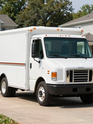 A neatly organized service truck parked on a residential Newton driveway, bright natural daylight, crisp focus, 35mm lens