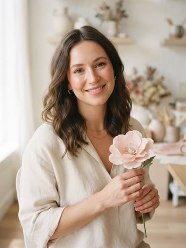 Warm portrait of a woman (founder) in her early 30s, with soft, natural makeup, smiling gently while holding a carefully crafted paper flower, in a sunlit minimalist studio with light wood and white walls, soft diffused daylight, shallow depth of field, muted blush and beige tones.