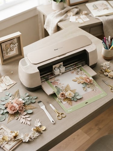 Overhead shot of a beige Cricut machine on a light taupe desk, surrounded by finished paper crafts in blush and natural tones, soft diffused daylight, shallow depth of field, 35mm