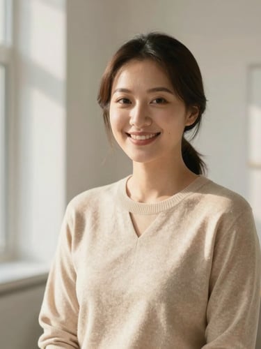 Warm editorial portrait of a female gynecologist in elegant soft beige knitwear, smiling warmly in a sunlit modern clinic with soft natural window light, shallow depth of field, 35mm