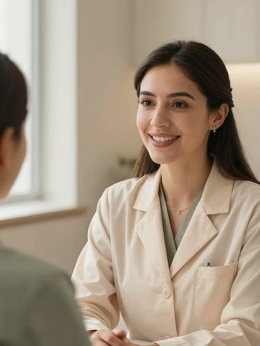 Medium close-up of Dra. Gabriela talking warmly to a patient, soft side-lighting, elegant modern clinical interior with warm champagne tones, professional and compassionate atmosphere