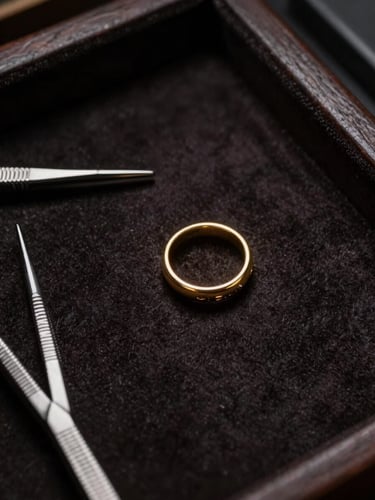 Close-up overhead composition of a jeweler's bench — a single gold ring catching studio strobe light against dark velvet, fine tools arranged in deliberate negative space to the left, deep shadows framing the edges