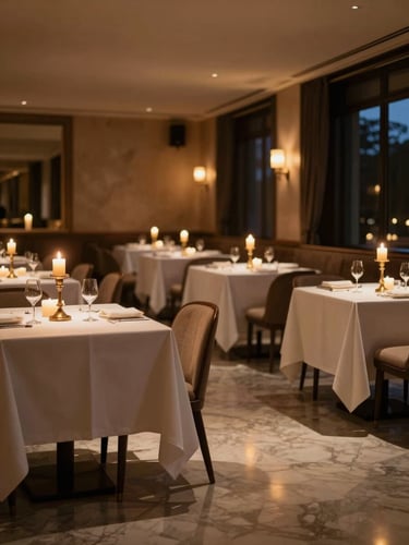Wide shot of a candlelit luxury hotel dining room at dusk, empty white-linen tables receding into shadow on the right edge of frame, a single gold candelabra in sharp foreground focus, deep chiaroscuro with warm amber pooling on polished marble floors, cinematic depth of field