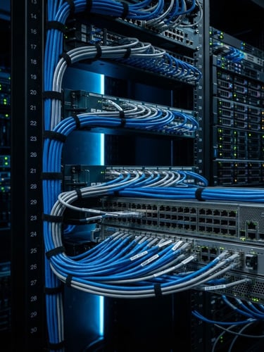 Immaculate enterprise server rack with perfectly dressed blue and gray Cat6 patch cables, neon blue LED ambient glow, high-contrast industrial product photography