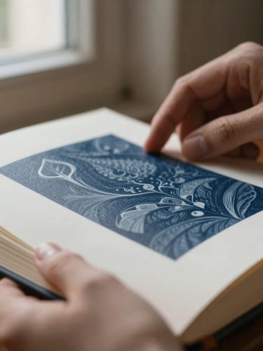 Close-up portrait shot of hands carefully inspecting a freshly printed book page, soft, directional window light highlighting the paper texture and ink, shallow depth of field