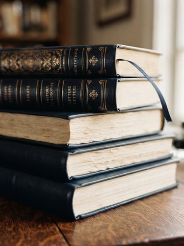 Close-up of a stack of elegant, leather-bound books on a wooden desk, soft window light from the right, rich paper textures and deep navy tones, shallow depth of field, 35mm
