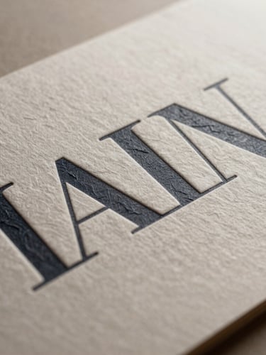 Extreme close-up of premium embossed paper collateral with sharp geometric typography, soft side-lighting highlighting the paper texture