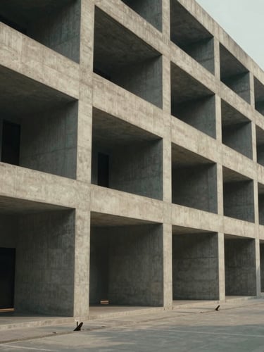 Cinematic side angle of modern concrete architectural facade in Hyderabad, sharp geometric shadows under diffused daylight, premium editorial framing.
