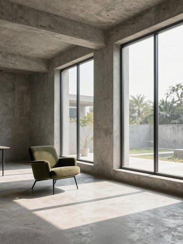 Wide architectural view of a minimalist concrete design studio in Hyderabad, soft natural daylight streaming through high windows, olive green accent chair, sharp shadows