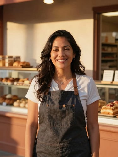 Warm editorial photography of a Hispanic female business owner smiling in her brightly lit bakery in California, natural golden-hour sunlight, rich terracotta tones, authentic community setting, 35mm lens.