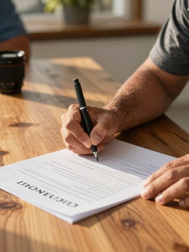 Hands of a Hispanic contractor signing business registration documents on a wooden table, warm California morning light, close-up environmental shot, 35mm lens