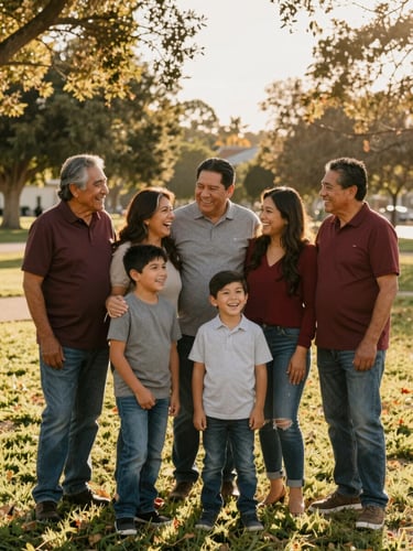 A warm, golden-hour portrait of a multigenerational Hispanic family laughing together in a California park, sun-drenched natural lighting, 35mm lens.