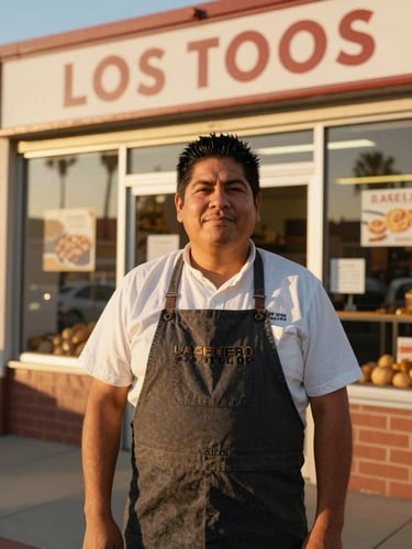 Portrait of a Hispanic bakery owner in Los Angeles, warm golden-hour California sunlight, standing proudly in front of her storefront, 35mm lens, authentic environmental shot