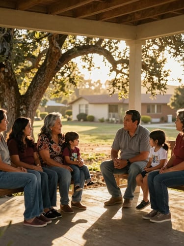 Warm editorial photography of a multigenerational Hispanic family chatting on a sun-drenched wooden porch in California, golden-hour sunlight filtering through oak trees, rich natural tones, authentic setting, 35mm lens.