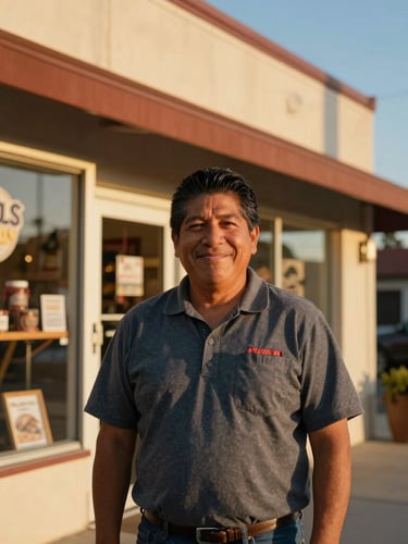 Warm editorial photography of a Hispanic shop owner in California smiling in front of her store, sun-drenched golden hour light, rich natural tones
