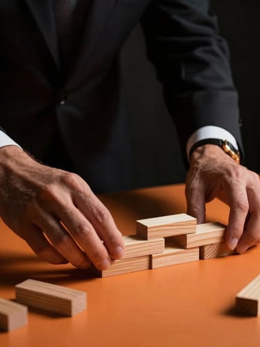 Hands of corporate professionals placing wooden game blocks on a table, dramatic warm orange lighting, dark charcoal background, high contrast, 35mm