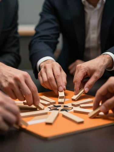Dynamic medium close-up of professional team collaborating around a table, hands moving wooden game pieces, warm orange accent lighting, shallow depth of field, 35mm