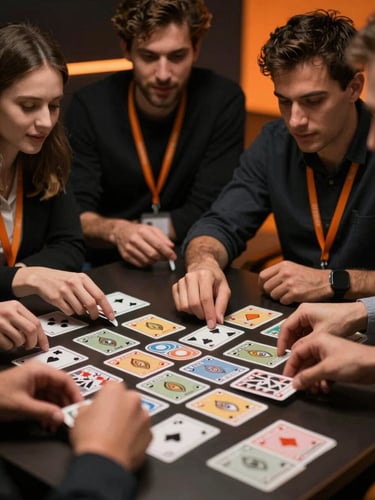 High-contrast dynamic corporate photography, team collaborating around a table playing a physical card game, warm orange accent lights, shallow depth of field, 35mm